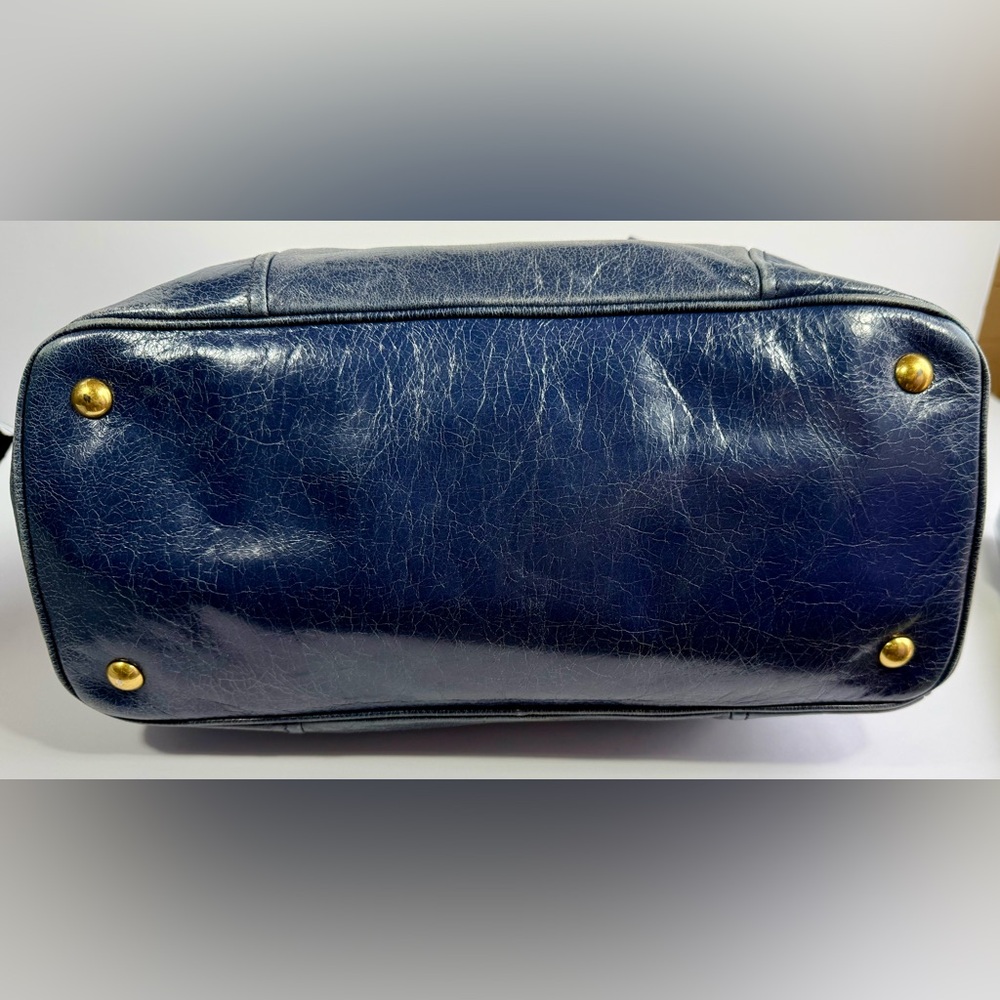Miu Miu Vitello Lux Blue Leather Satchel Bag Distressed Finish Gold Hardware - Picture 7 of 13